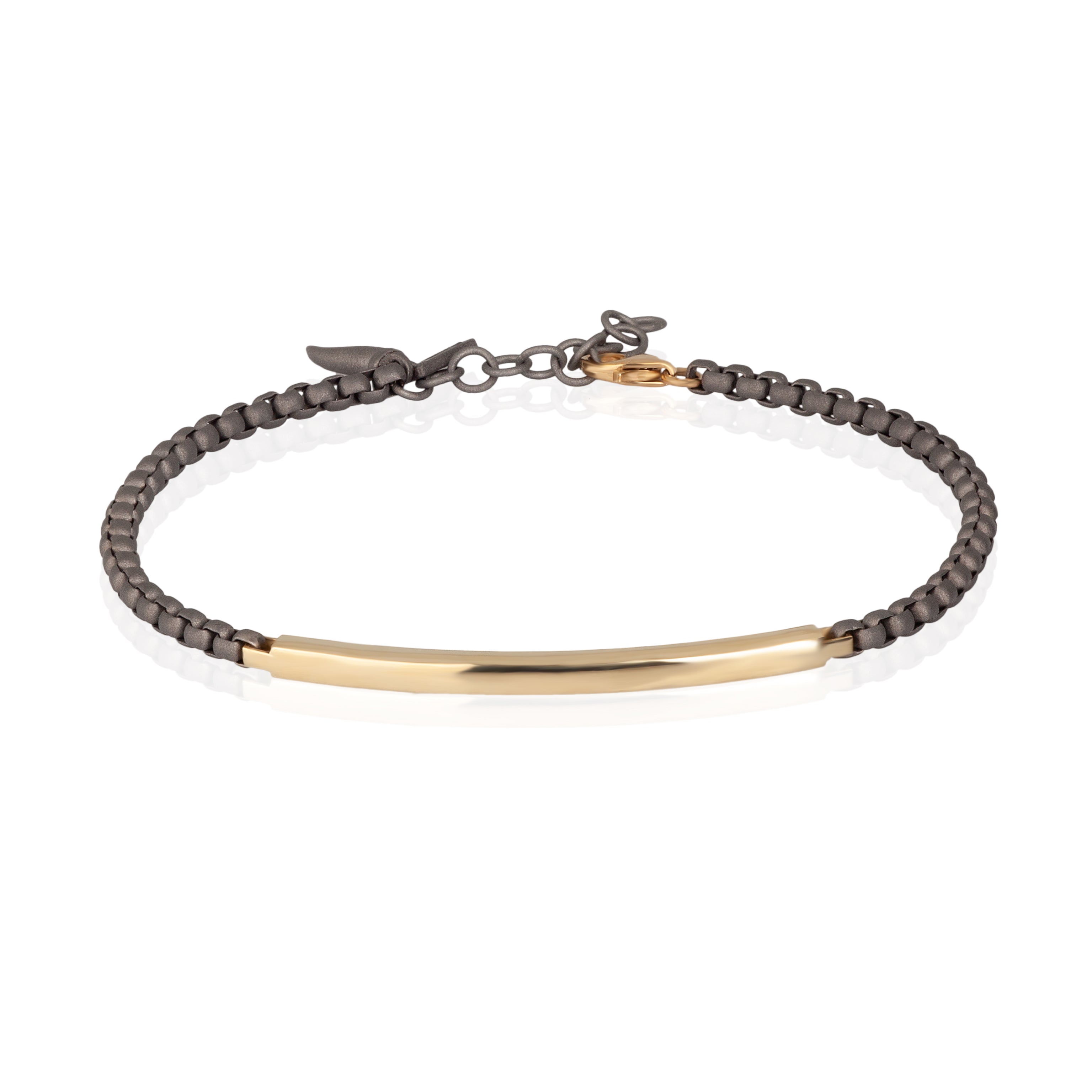 BRACCIALE UOMO CON CATENINA SCOOBY DOO IN TITANIO E TARGHETTA LISCIA IN ORO GIALLO 9 KT