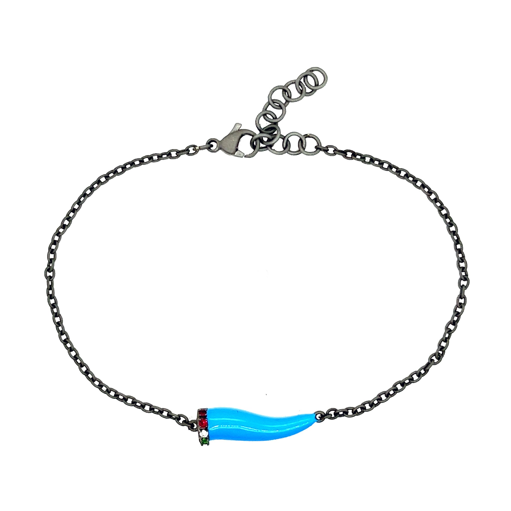 BRACCIALE CHARMS CON CORNETTO SMALTATO AZZURRO "NAPOLI"  IN TITANIO, ZAVORRITI, RUBINI E DIAMANTE WHITE E CATENA