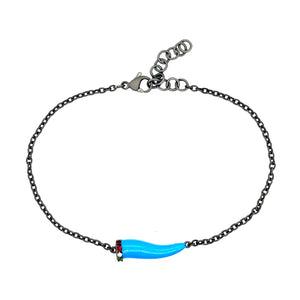 BRACCIALE CHARMS CON CORNETTO SMALTATO AZZURRO "NAPOLI"  IN TITANIO, ZAVORRITI, RUBINI E DIAMANTE WHITE E CATENA