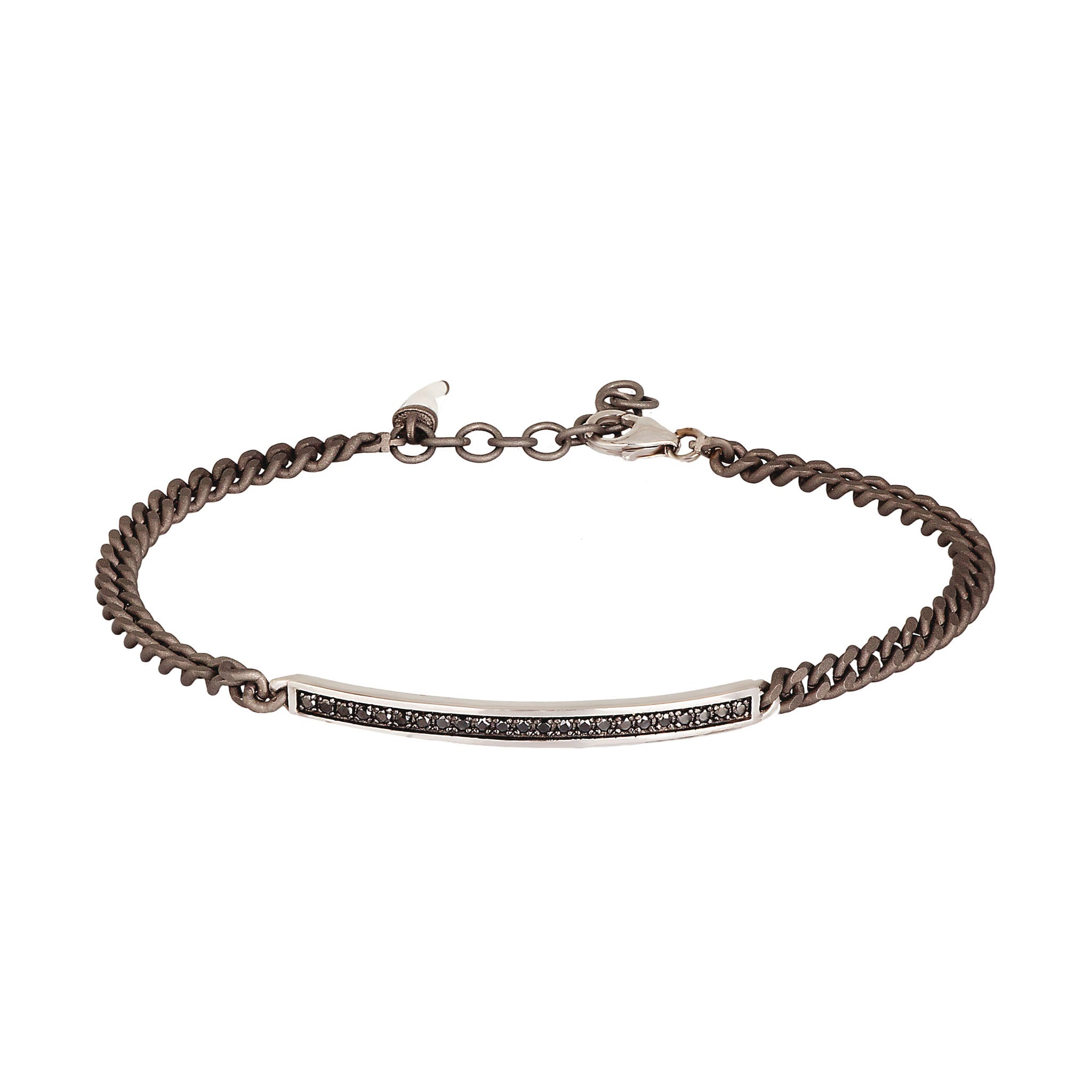 BRACCIALE UOMO CATENA GROUMETTE IN TITANIO, BARRETTA IN ORO BIANCO 9KT, DIAMANTI BLACK