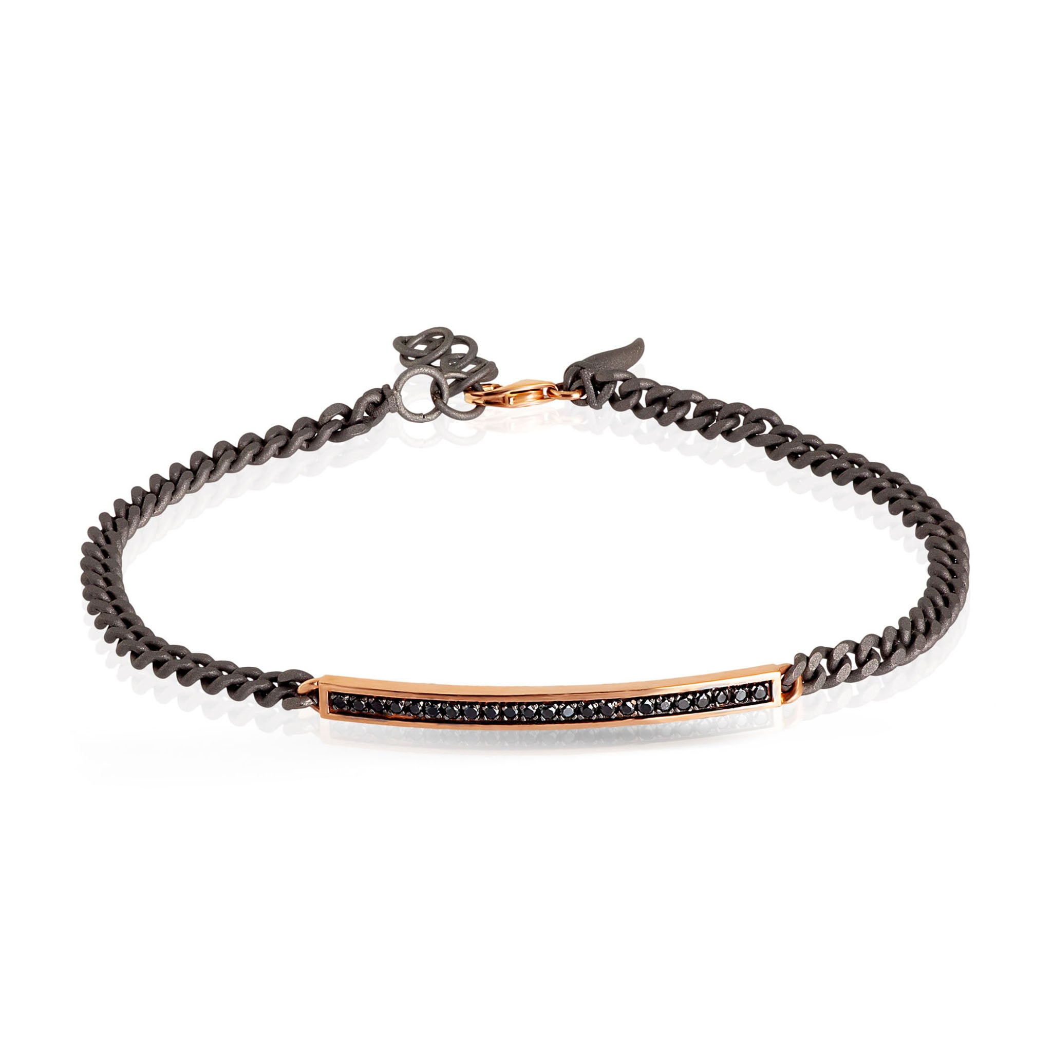 BRACCIALE UOMO CATENA GROUMETTE IN TITANIO, BARRETTA IN ORO ROSSO 9KT, DIAMANTI BLACK