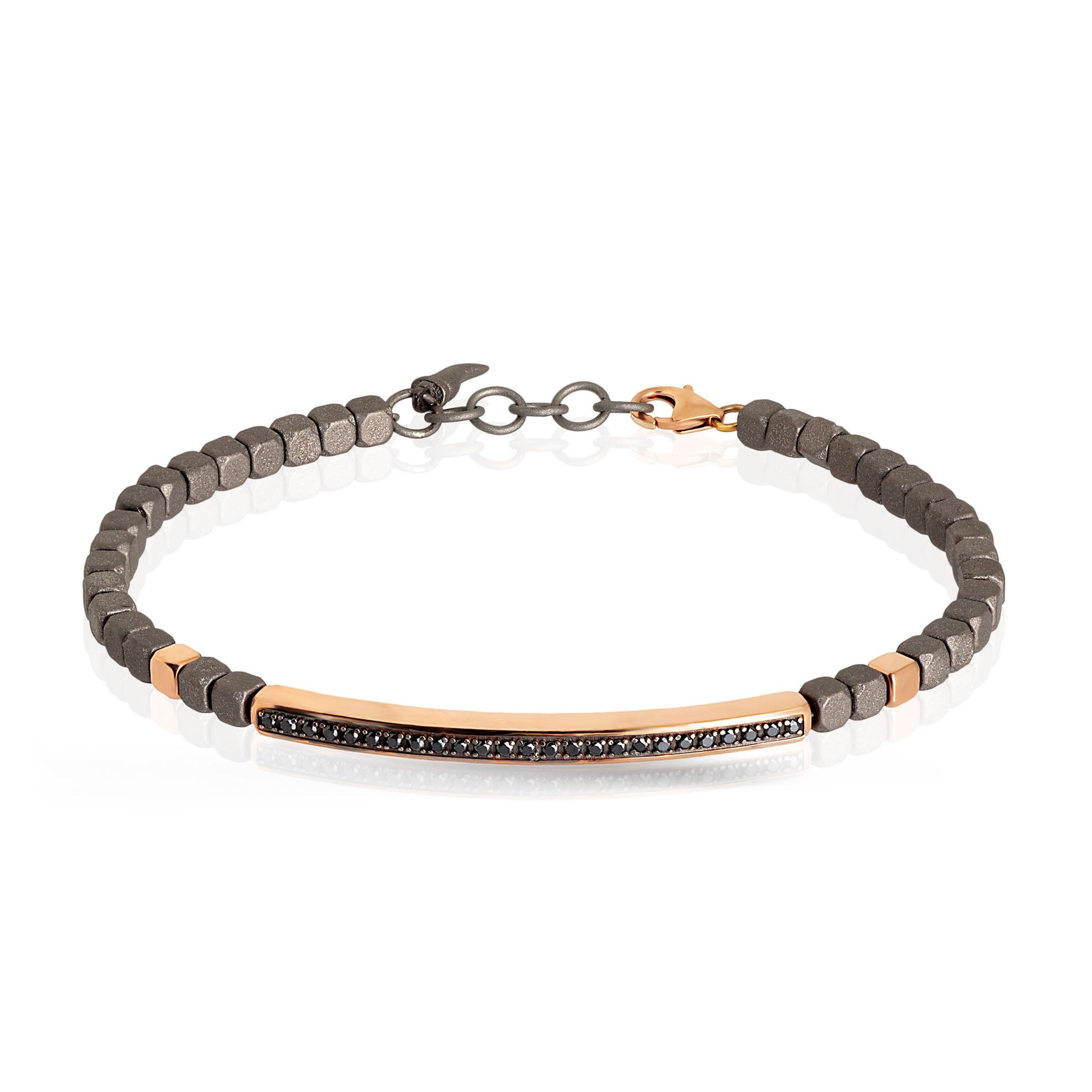 BRACCIALE UOMO IN TITANIO, BARETTA E 2 CUBI IN ORO ROSSO 9KT  E DIAMANTI BLACK