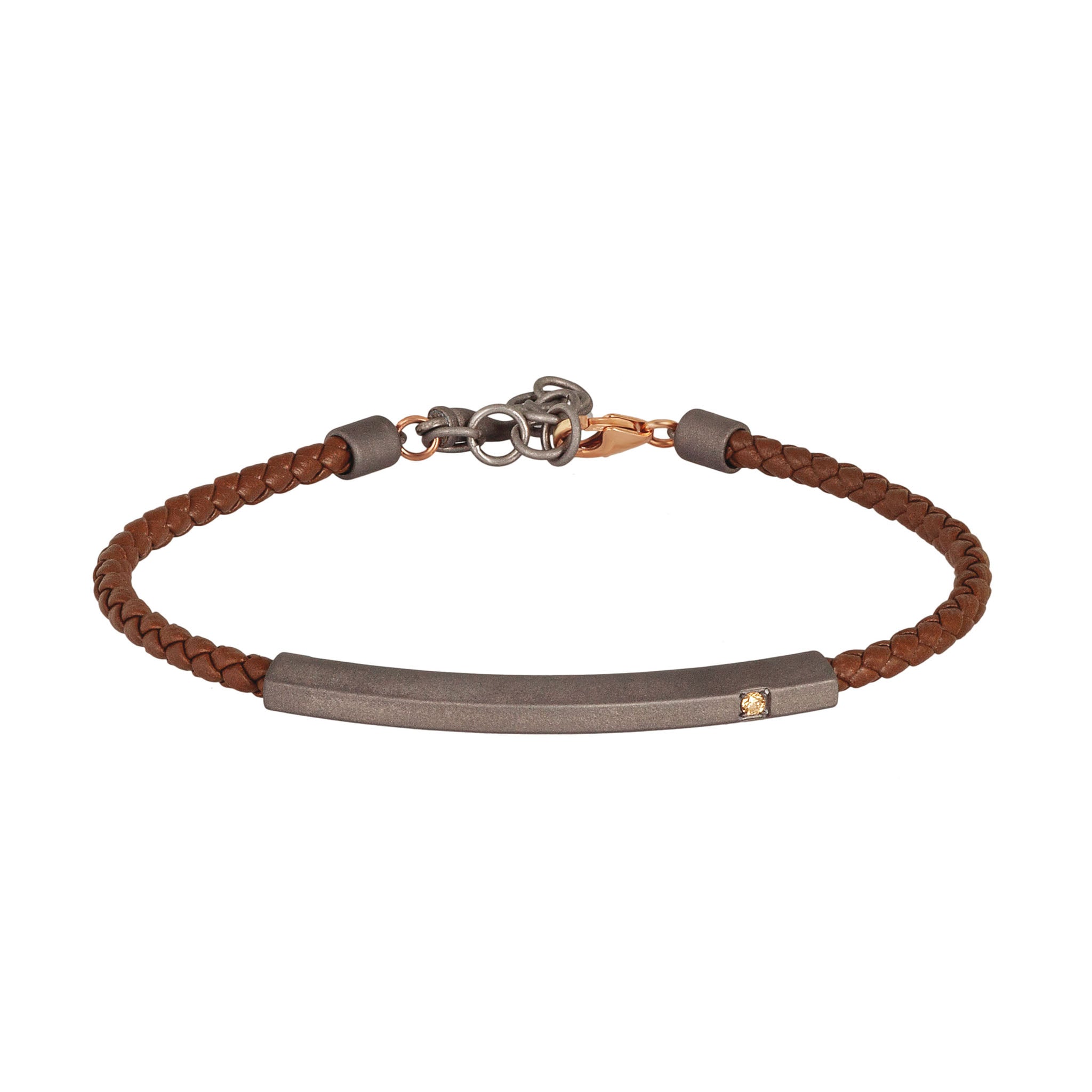 BRACCIALE UOMO IN TITANIO CON CORDINO IN PELLE MOCHA E UN DIAMANTE BROWN, CHIUSURA IN ORO 9 KT