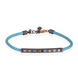 BRACCIALE UOMO IN TITANIO CON CORDINO IN PELLE AZZURRO E ZAFFIRI BLU, CHIUSURA IN ORO 9 KT