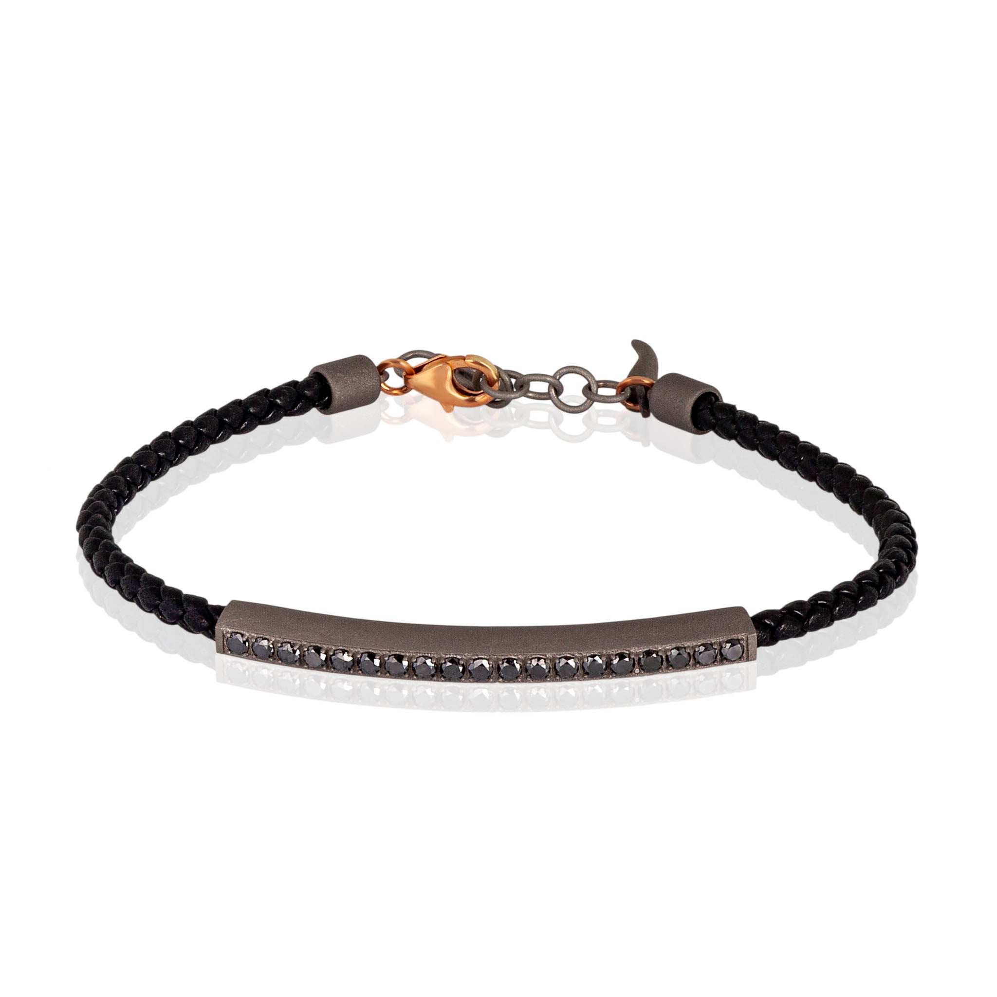 BRACCIALE UOMO IN TITANIO CON CORDINO IN PELLE NERO E DIAMANTI BLACK, CHIUSURA IN ORO 9 KT