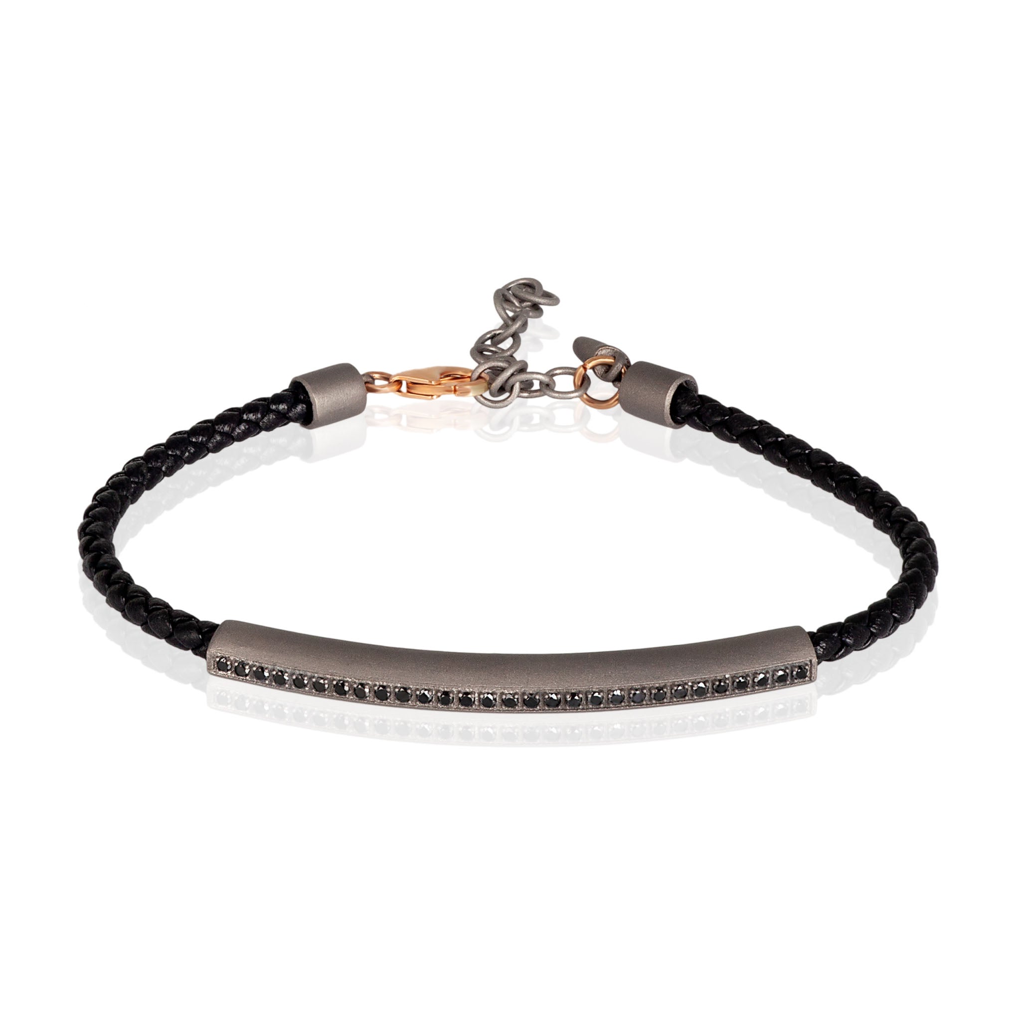 BRACCIALE UOMO IN TITANIO CON CORDINO IN PELLE NERO E DIAMANTI BLACK, CHIUSURA IN ORO 9 KT