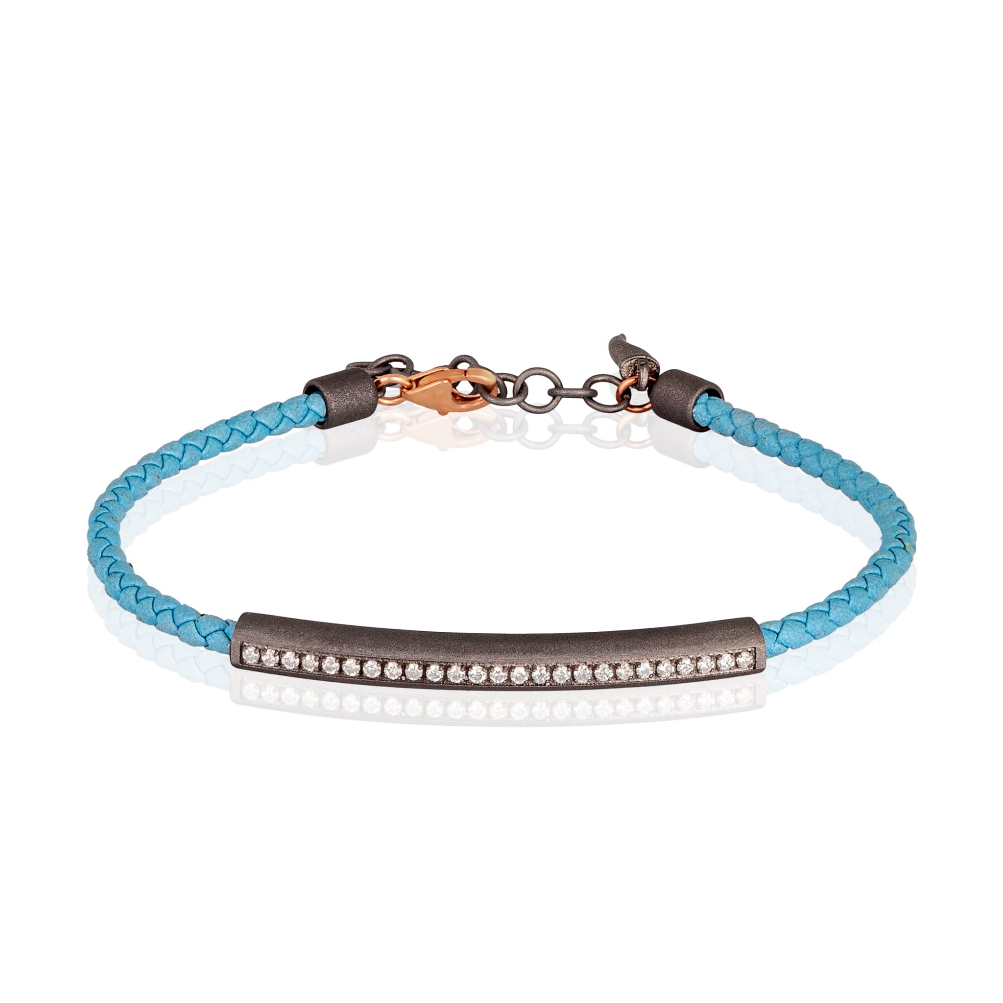 BRACCIALE UOMO IN TITANIO CON CORDINO IN PELLE AZZURRO E DIAMANTI WHITE, CHIUSURA IN ORO 9 KT