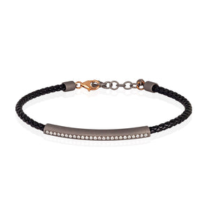 BRACCIALE UOMO IN TITANIO CON CORDINO IN PELLE NERO E DIAMANTI WHITE, CHIUSURA IN ORO 9 KT