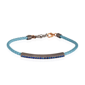 BRACCIALE UOMO IN TITANIO CON CORDINO IN PELLE AZZURRO E ZAFFIRI BLU, CHIUSURA IN ORO 9 KT