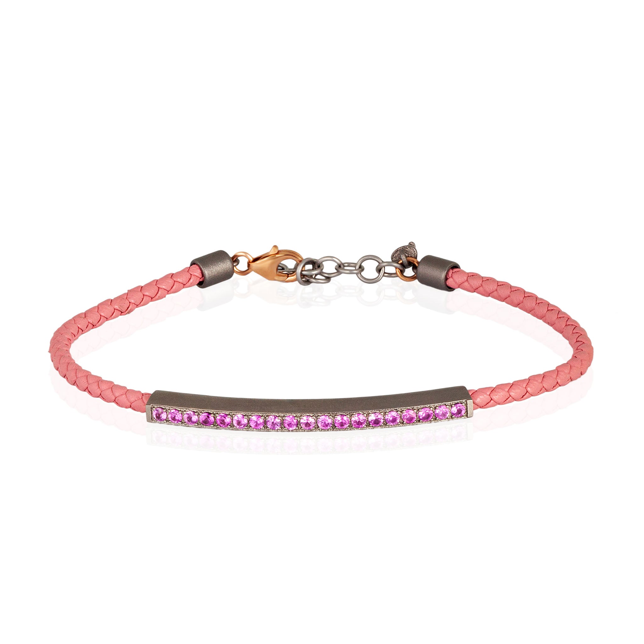 BRACCIALE UOMO IN TITANIO CON CORDINO IN PELLE ROSA E ZAFFIRI ROSA, CHIUSURA IN ORO 9 KT