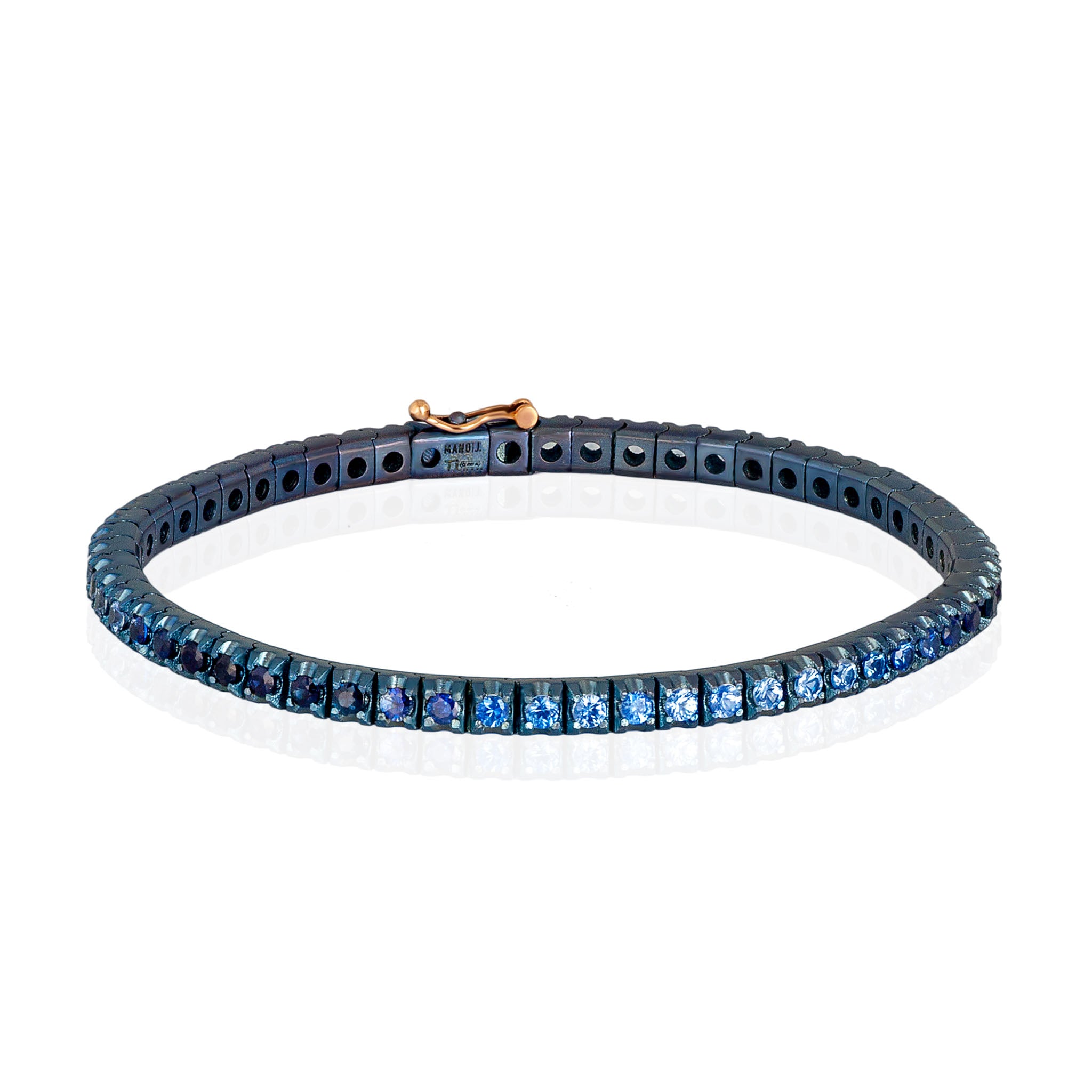 BRACCIALE TENNIS CLASSICO IN TITANIO ANODIZZATO BLU, ORO ROSSO 18 KT E ZAFFIRI BLU SFUMATI DA 5 PUNTI
