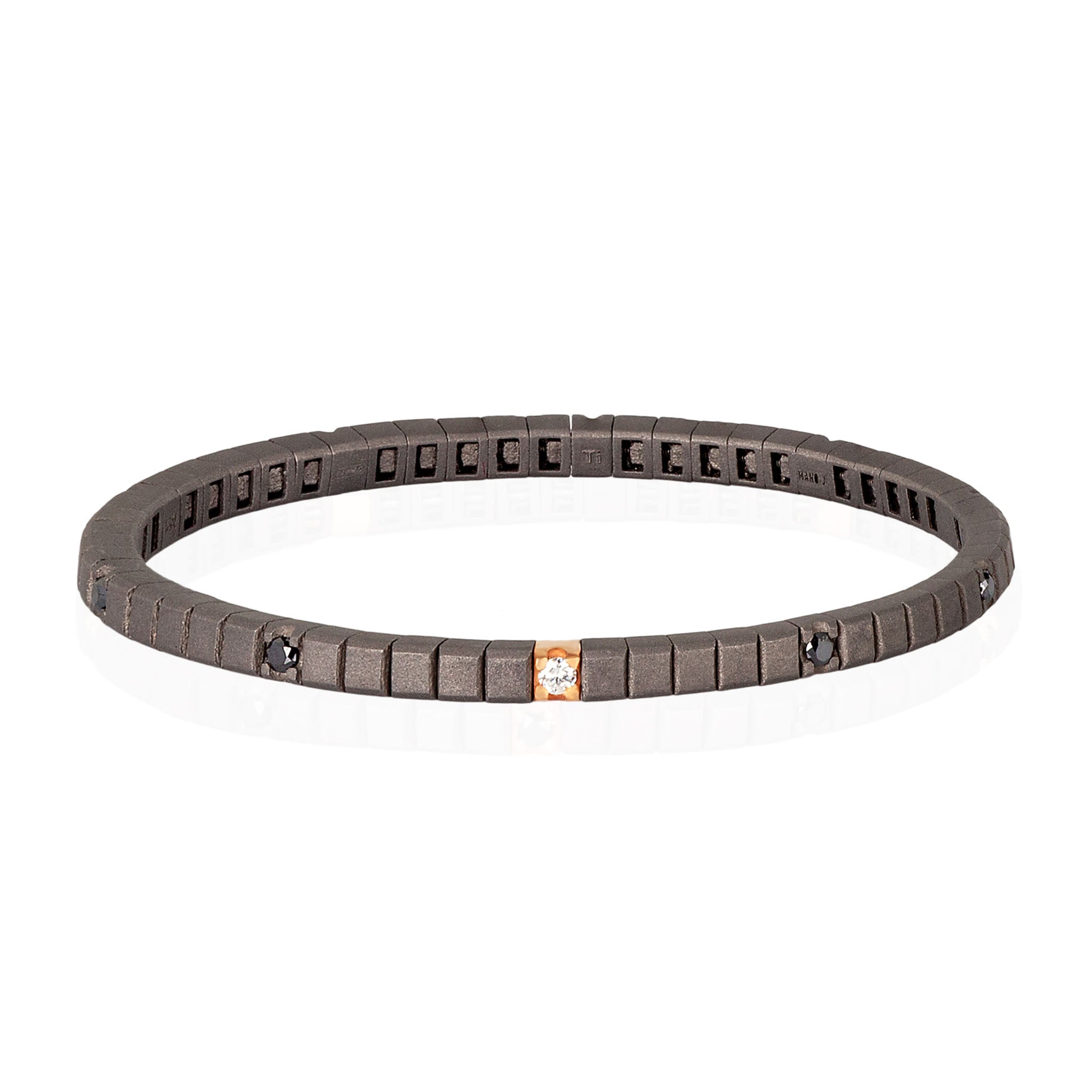 BRACCIALE TENNIS IN TITANIO, ORO ROSSO 18 KT, DIAMANTI BLACK DA 5 PUNTI E UN DIAMANTE WHITE