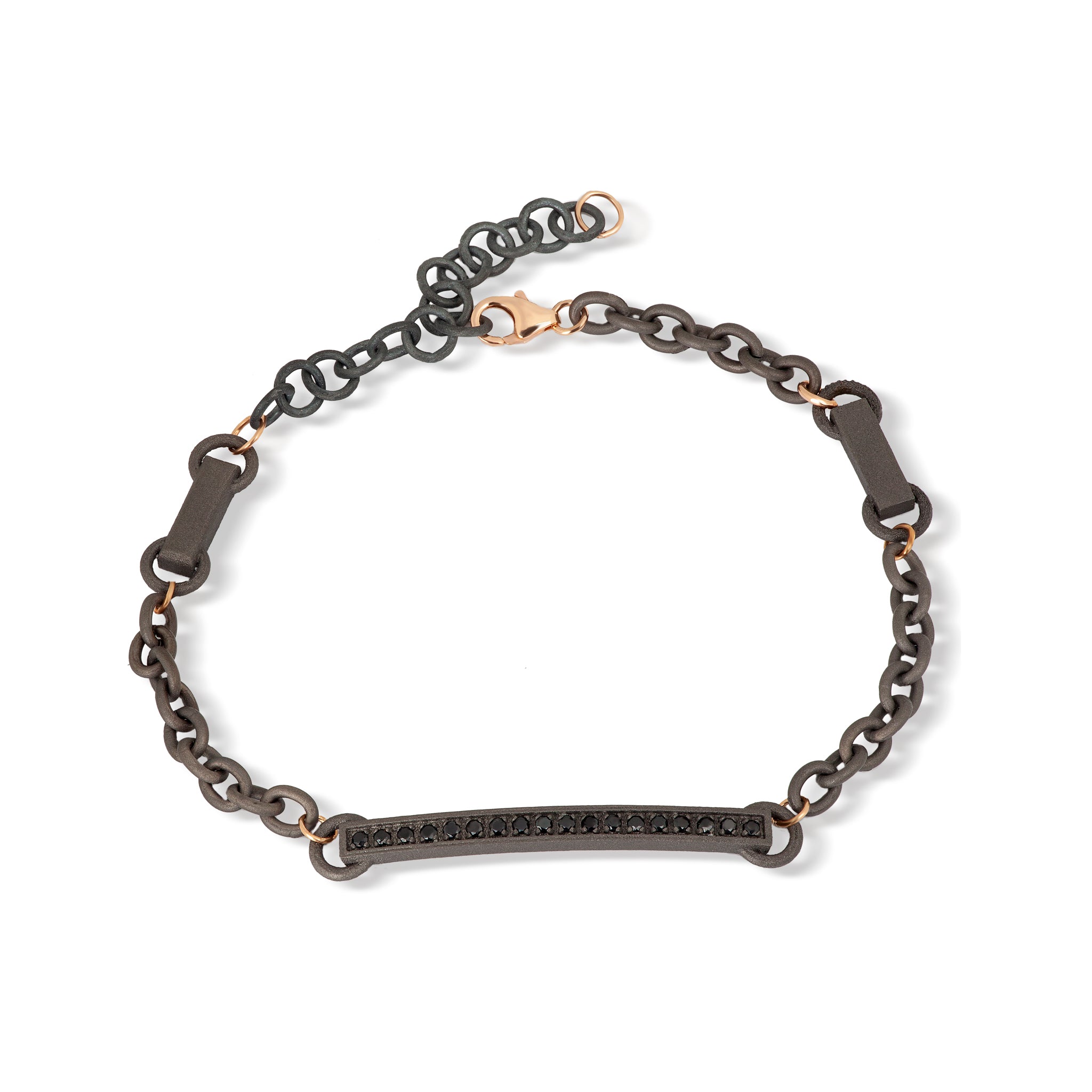 BRACCIALE UOMO IN TITANIO, 18 DIAMANTI BLACK,  ORO ROSSO 18 KT E ORO ROSSO 9 KT.