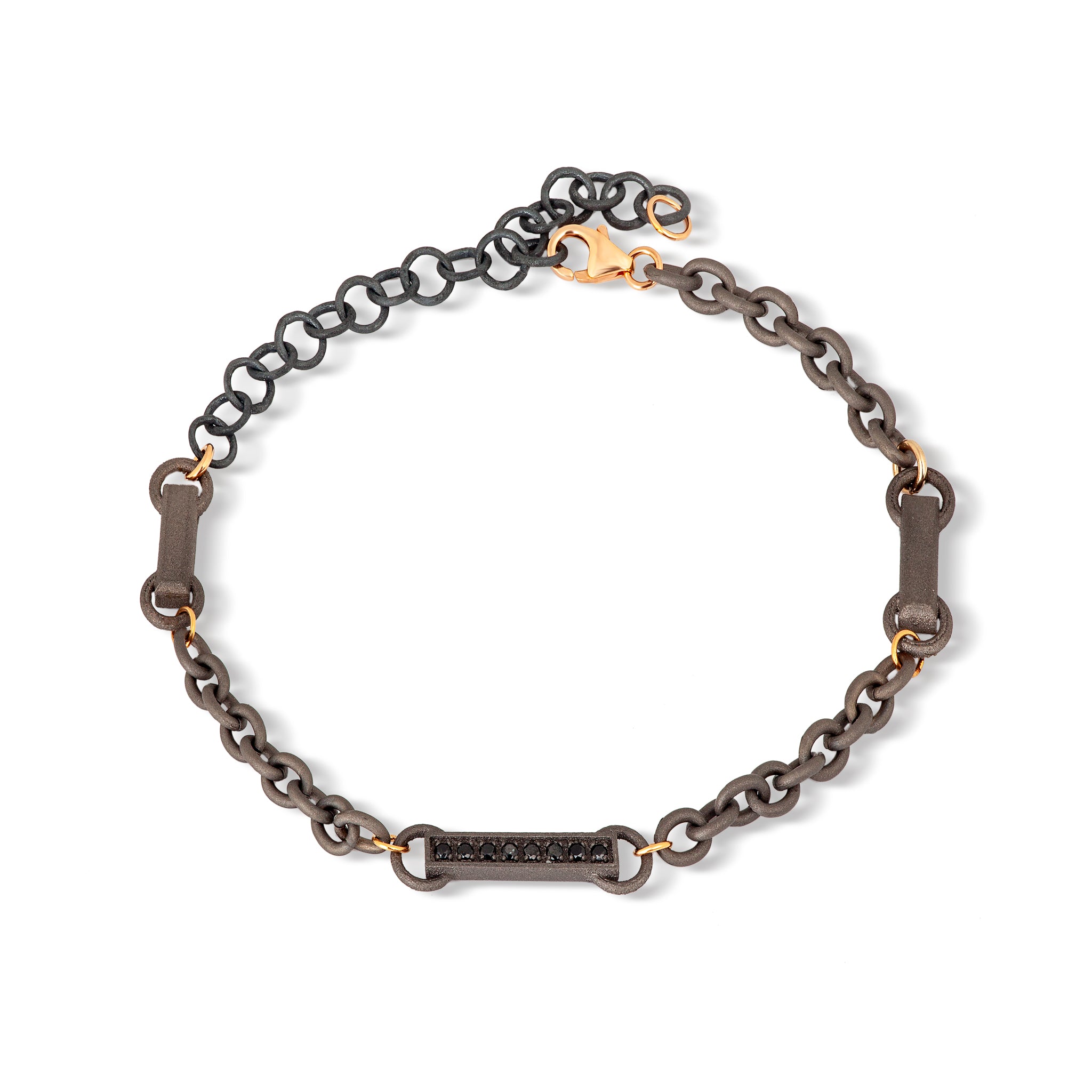 BRACCIALE UOMO IN TITANIO, 8 DIAMANTI BLACK E CATENA ,ORO ROSSO 9 KT E 18 KT.