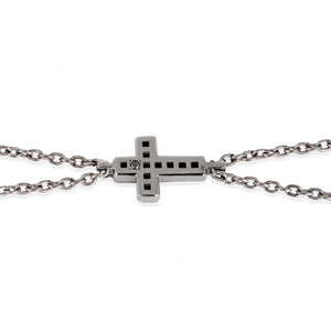 BRACCIALE UOMO CON CROCE ORO BIANCO 9 KT BRUNITO, 11 DIAMANTI BLACK E CATENA.