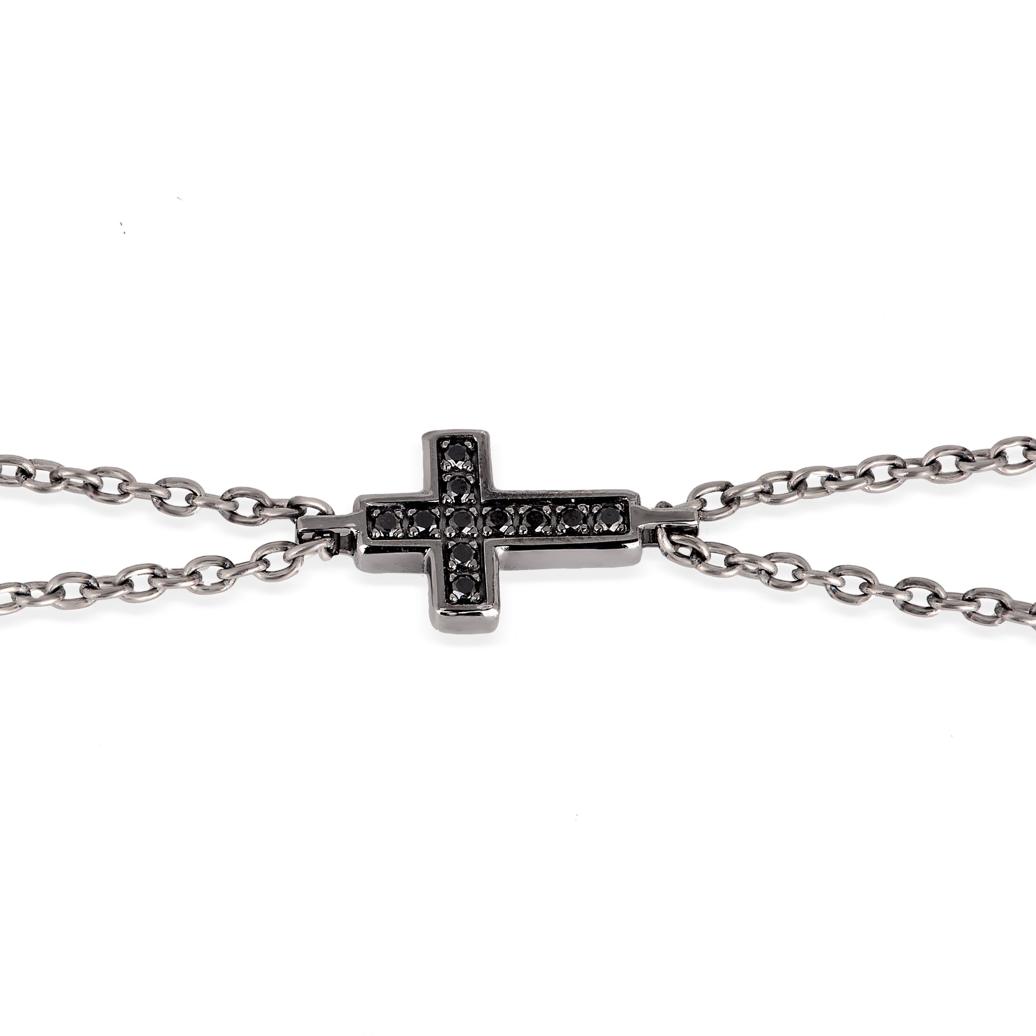 BRACCIALE UOMO CON CROCE ORO BIANCO 9 KT BRUNITO, 11 DIAMANTI BLACK E CATENA.