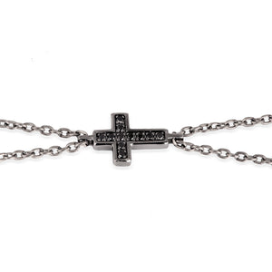 BRACCIALE UOMO CON CROCE ORO BIANCO 9 KT BRUNITO, 11 DIAMANTI BLACK E CATENA.
