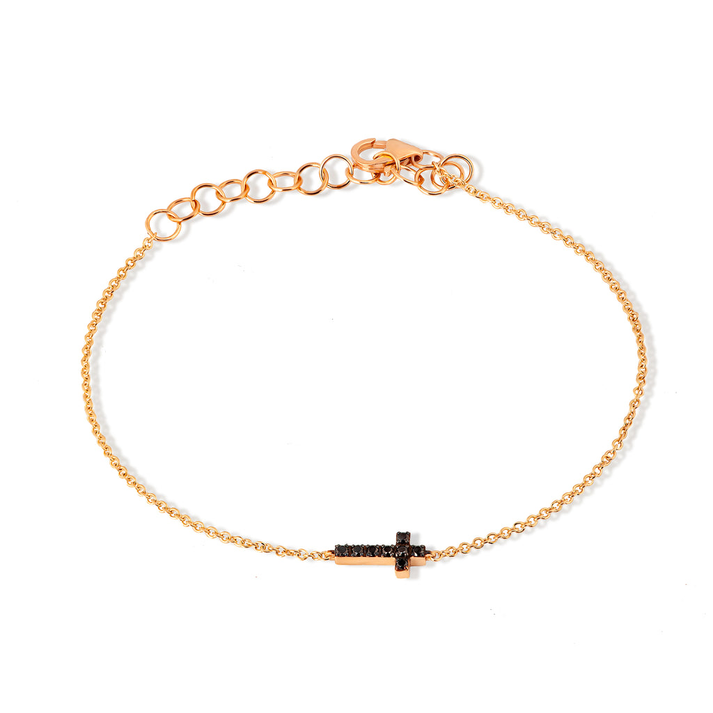 BRACCIALE UOMO CON PICCOLA CROCE ORO ROSSO 9 KT , CATENA ORO ROSSO 9 KT E DIAMANTI BLACK.