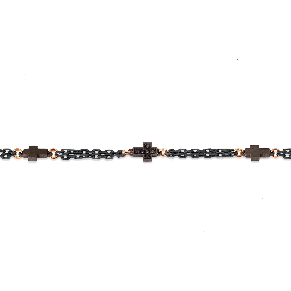 BRACCIALE MINIMAL 3 CROCI IN TITANIO, DIAMANTI BLACK ,ORO ROSSO 18 KT, ORO ROSSO 9 KT E CATENA