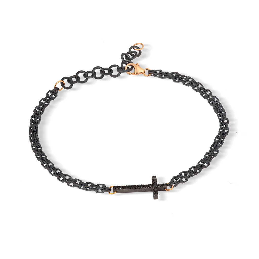 BRACCIALE UOMO CON CROCE IN TITANIO, DIAMANTI BLACK, ORO ROSSO 9 KT E 18 KT, CATENA.