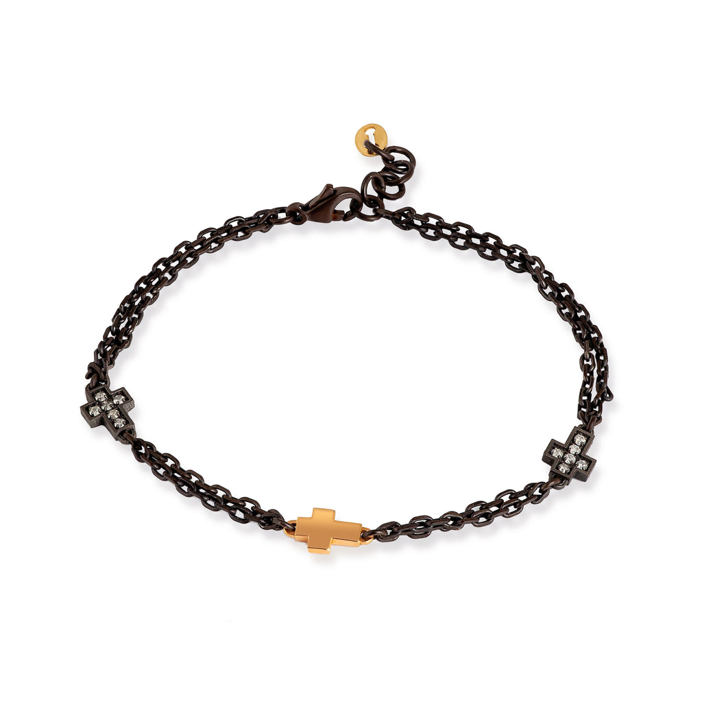 BRACCIALE CON  CROCI IN TITANIO E ORO GIALLO 9 KT, 12 DIAMANTI WHITE, ORO ROSSO 9 KT E ORO ROSSO 18 KT.