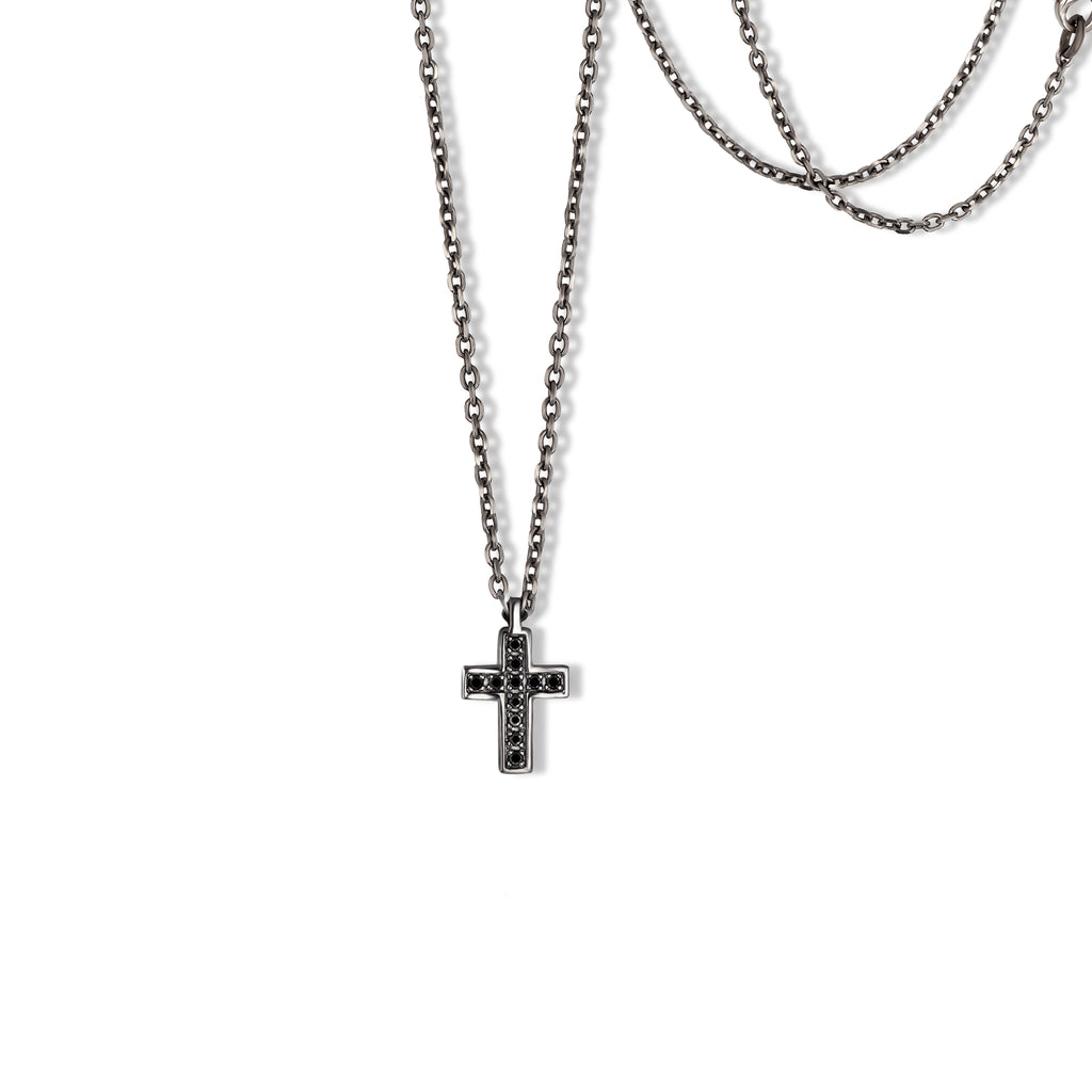 CROCE PICCOLA IN ORO 9 KT CON DIAMANTI BLACK E CATENA IN TITANIO