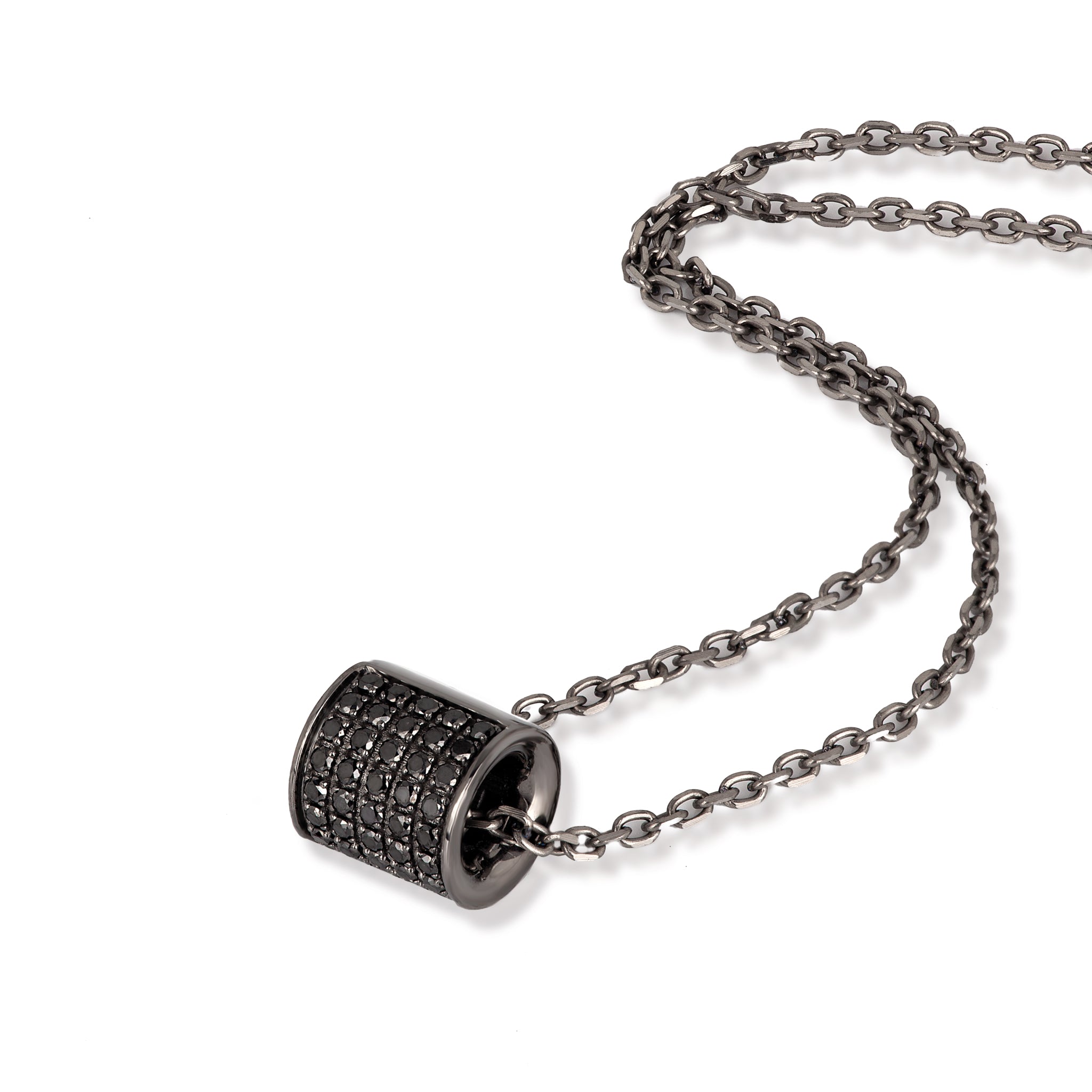 COLLANA IN TITANIO CON BARILOTTO IN ORO BIANCO 9KT BRUNITO E DIAMANTI BLACK.