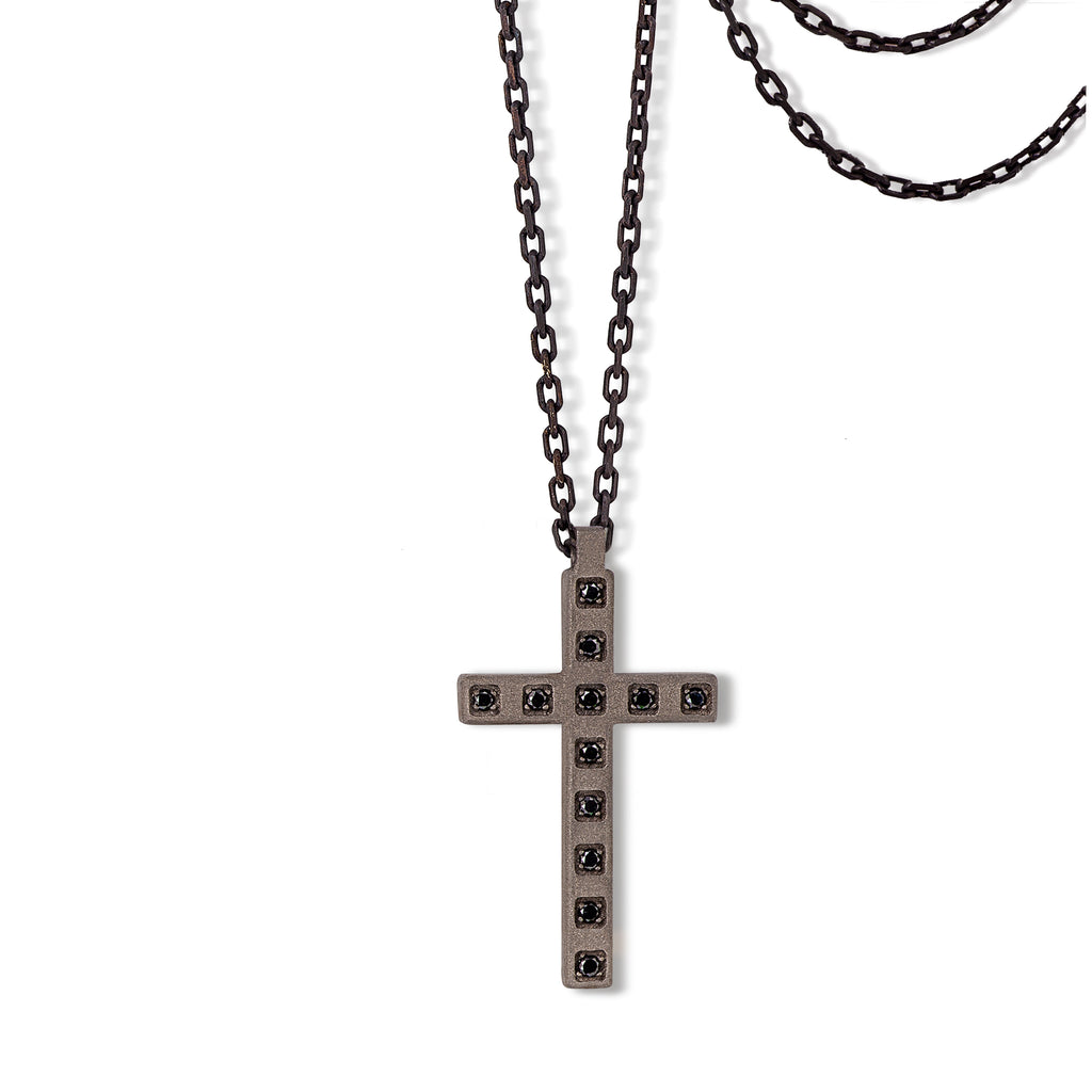 CROCE MINIMAL TITANIO,12 DIAMANTI BLACK E ORO ROSSO 9 KT E CATENA.