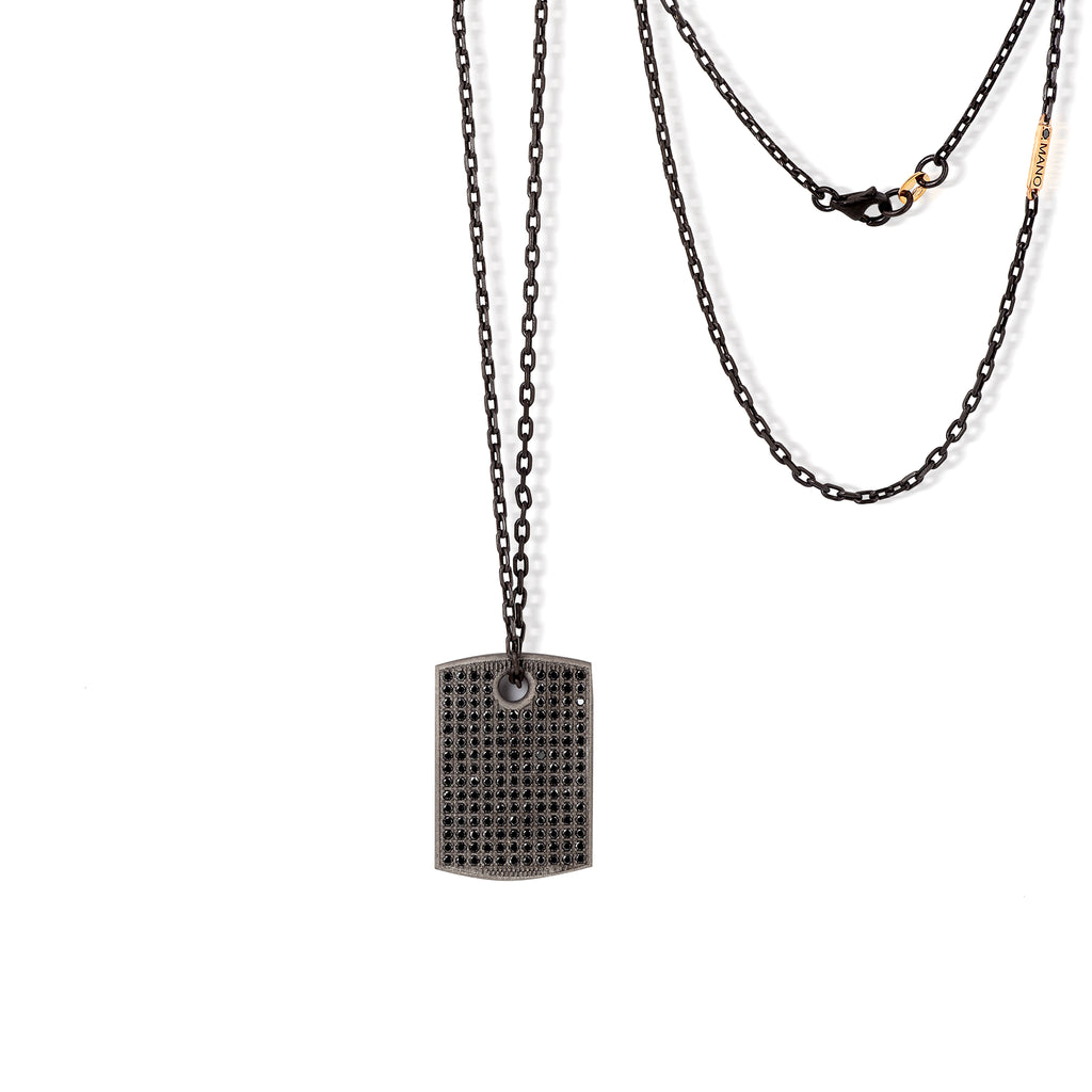 COLLANA CON TARGHETTA  IN TITANIO, DIAMANTI BLACK E ORO ROSSO 9 KT.